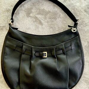 LONGCHAMP Black Pebbled Leather Front Buckle Pocket Hobo Shoulder Bag Tote